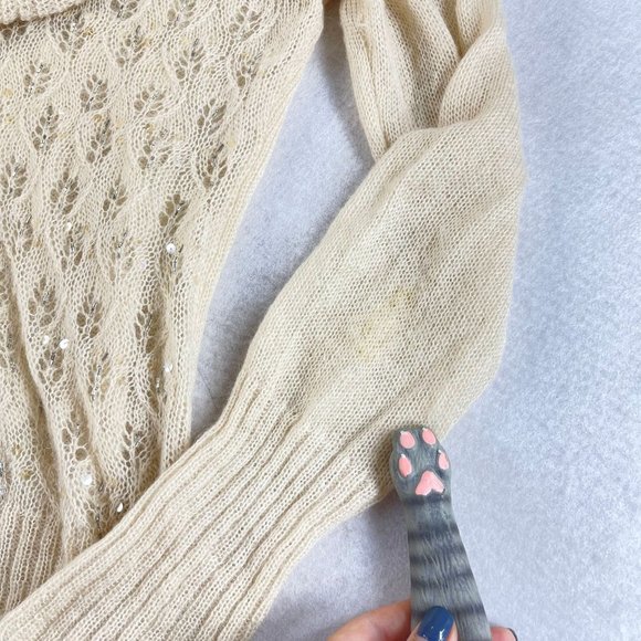 THE LOFT Womens L Cream Soft Knit Crochet Cowl Neck Long Sleeve Sweater Top - Picture 5 of 12